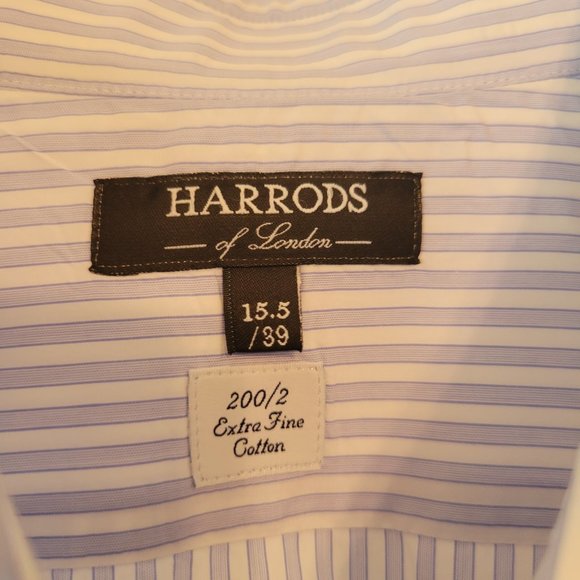 Harrods of London Mens Dress Shirt 15.5/39 Blue White striped Extra Fine Cotton - Picture 2 of 11